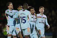 EFL Cup 2025-26: BRE, CAR, FUL Advance To Quarter-Finals | Photo: Mike Egerton/PA via AP : Brentford's Fabio Carvalho, second right, celebrates scoring with teammates during the English League Cup fourth round soccer match between Grimsby Town and Brentford in Grimsby, England.