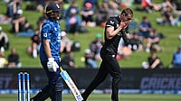 (Andrew Cornaga/Photosport via AP) : New Zealand Vs England LIVE Cricket Score, 2nd ODI: New Zealand bowler Blair Tickner, right, reacts after taking the wicket of England's Joe Root, left, during their T20 cricket match in Hamilton, New Zealand, Wednesday, Oct. 29, 2025.