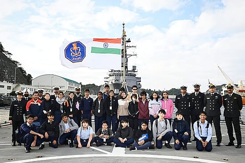 Students visit INS Sahyadri in Japan: School students during a visit at Indian Navy's indigenous stealth frigate INS Sahyadri, during a port call at Yokosuka, Japan. 