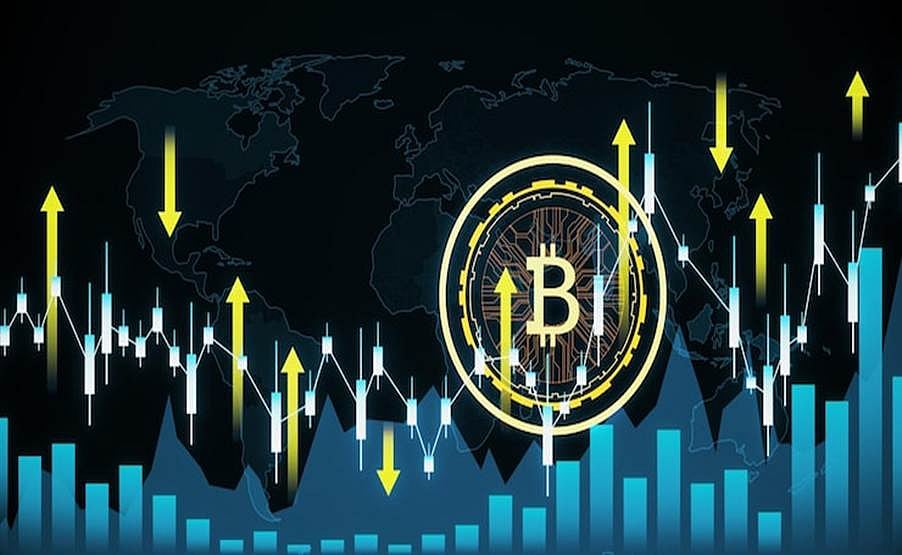 Graphic showing a Bitcoin logo over a financial chart with upward and downward arrows.
