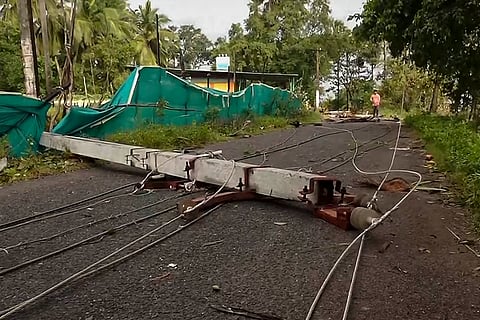 Cyclone Montha damages power lines in Machilipatnam: A broken electric pole lies across a road with wires scattered following the destruction caused by Cyclone Montha in Machilipatnam, Andhra Pradesh.