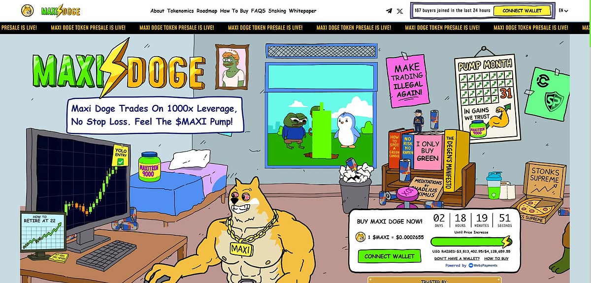 A computer screen showing the Maxi Doge crypto website with a cartoon dog