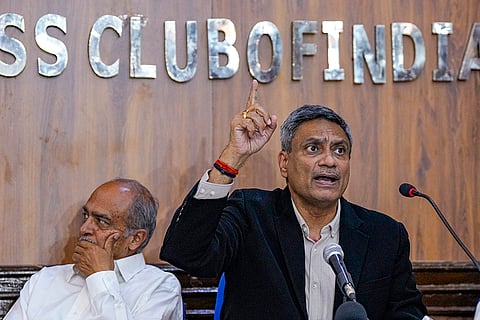 Cobrapost founder and editor-in-chief Aniruddha Bahal addresses a press conference at Press Club of India, in New Delhi. Cobrapost alleges Rs 41,900 cr fund diversion at Anil Ambani's group, company denies 'malicious' claims. Lawyer Prashant Bhushan was also present. 