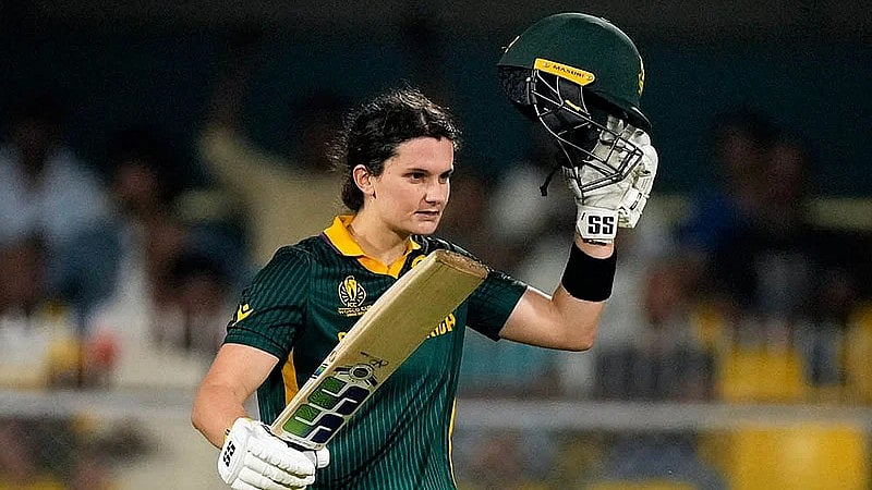 AP : South Africa's captain Laura Wolvaardt celebrates her century during the ICC Women's Cricket World Cup first semi-final match between England and South Africa at Barsapara Cricket Stadium in Guwahati.