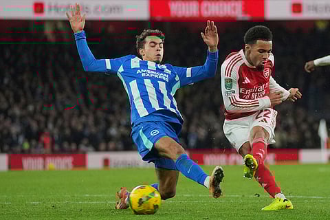 Arsenal vs Brighton & Hove Albion: Arsenal's Ethan Nwaneri scores his side's opening goal during the English League Cup soccer match between Arsenal and Brighton & Hove Albion in London.