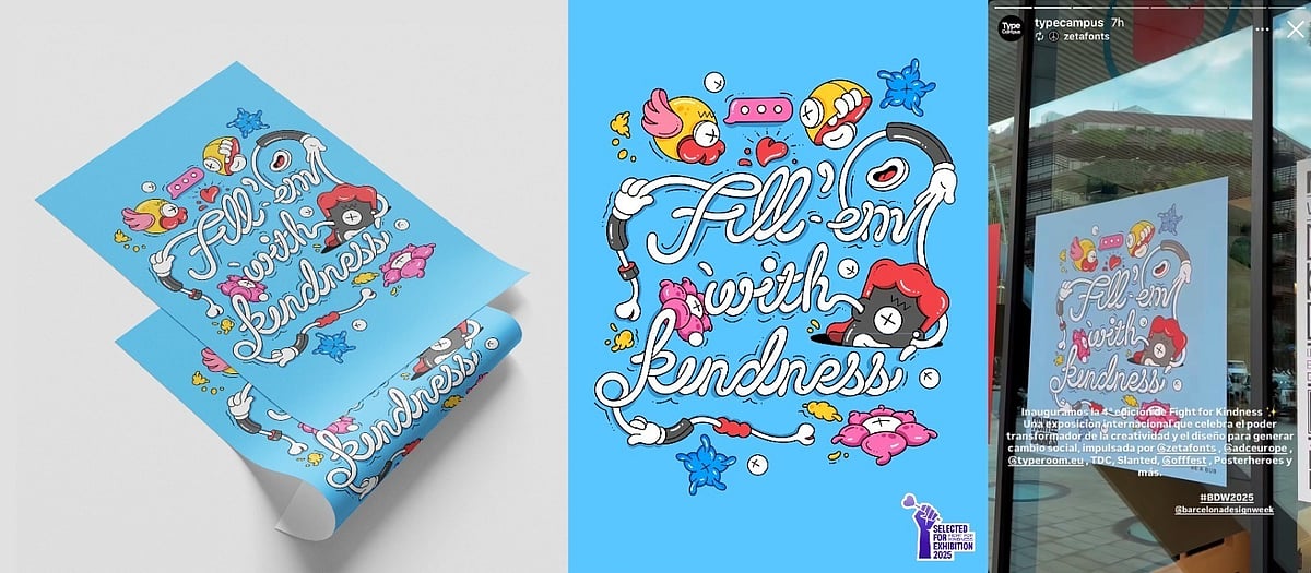 Blue poster with doodles and the phrase “Fill ’em with kindness