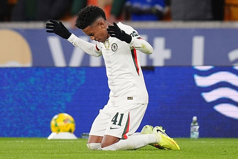 Wolverhampton Wanderers vs Chelsea: Chelsea's Estevao celebrates scoring during the English League Cup fourth round soccer match between Wolverhampton Wanderers and Chelsea at Molineux Stadium, Wolverhampton, England.
