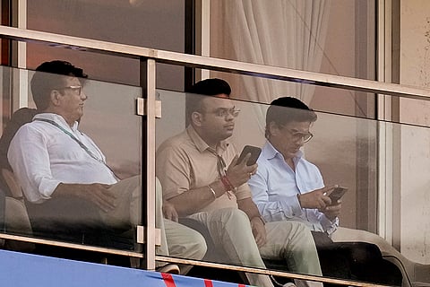 ICC Chairman Jay Shah, center, BCCI President Mithun Manhas, right, and others during an ICC Women's World Cup semifinal ODI cricket match between India Women and Australia Women, at the DY Patil Stadium, in Navi Mumbai.