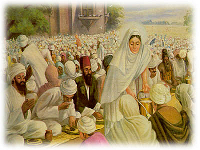 Painting showing Guru Nanaks langar/sangat (community meal/gathering) with a central woman figure.
