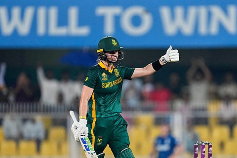 South Africa's captain Laura Wolvaardt celebrates one hundred and fifty runs during the ICC Women's Cricket World Cup first semifinal match between England and South Africa at Barsapara Cricket Stadium in Guwahati.