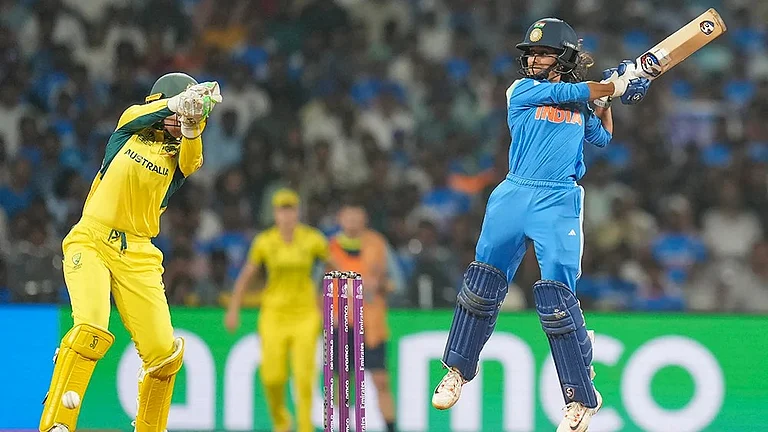 India's Jemimah Rodrigues plays a shot during an ICC Women's World Cup semifinal ODI cricket match between India Women and Australia Women, at the DY Patil Stadium, in Navi Mumbai. - | Photo: PTI/Kunal Patil
