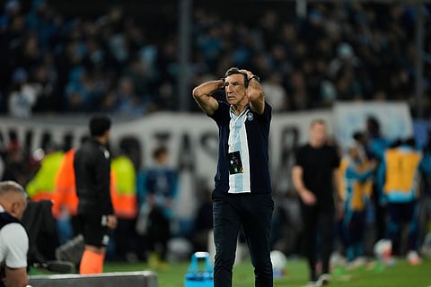 Coach Gustavo Costas of Argentina's Racing Club reacts during a Copa Libertadores semifinal second leg soccer match against Brazil's Flamengo in Buenos Aires, Argentina.