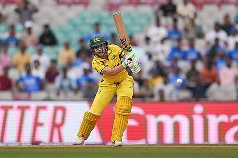 Australia's captain Alyssa Healy plays a shot during an ICC Women's World Cup semifinal ODI cricket match between India Women and Australia Women, at the DY Patil Stadium, in Navi Mumbai.