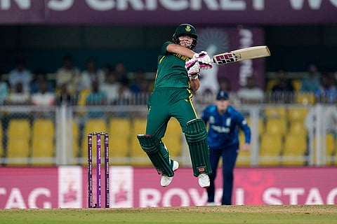 South Africa's Nadine de Klerk plays a shot during the ICC Women's Cricket World Cup first semifinal match between England and South Africa at Barsapara Cricket Stadium in Guwahati.