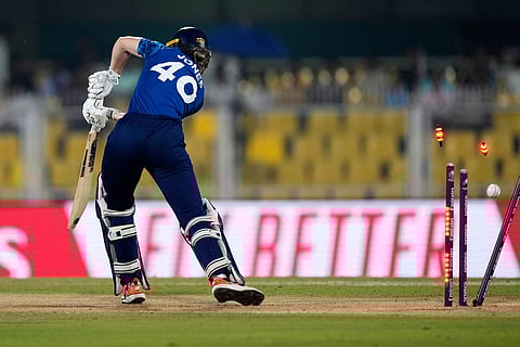 England's Amy Jones bowled out by South Africa's Marizanne Kapp during the ICC Women's Cricket World Cup first semifinal match between England and South Africa at Barsapara Cricket Stadium in Guwahati.