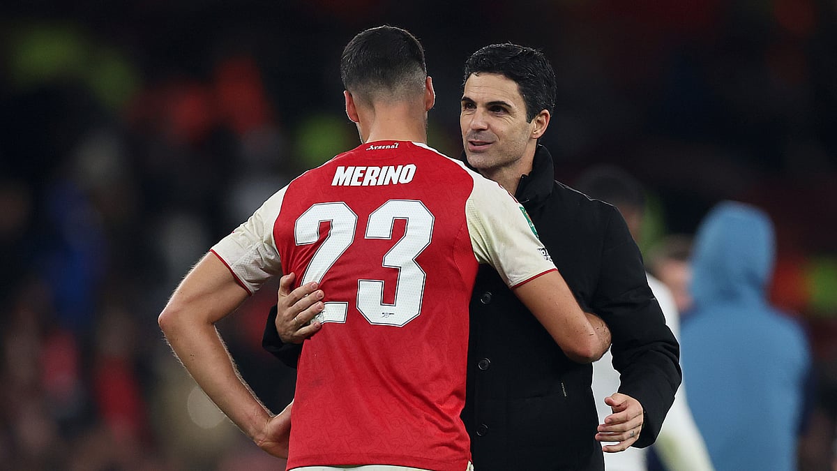 Arsenal's Mikel Arteta and Mikel Merino during the EFL Cup win over Brighton and Hove Albion. - null