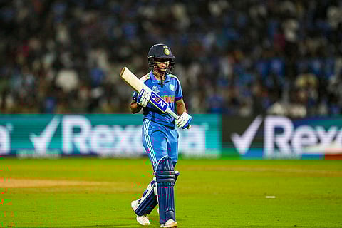India's captain Harmanpreet Kaur walks off after being dismissed during an ICC Women's World Cup semifinal ODI cricket match between India Women and Australia Women, at the DY Patil Stadium, in Navi Mumbai.