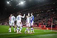 | Photo: AP/Jon Super : Liverpool vs Crystal Palace: Crystal Palace players celebrate after a goal during the English League Cup fourth round soccer match between Liverpool and Crystal Palace in Liverpool, England.