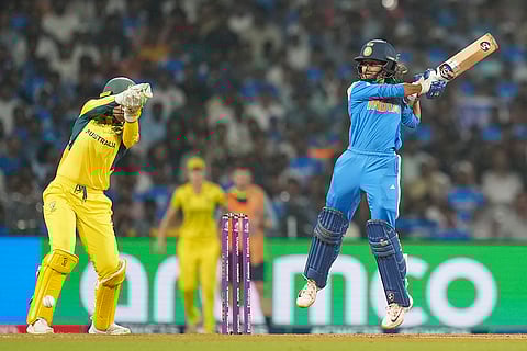 India's Jemimah Rodrigues plays a shot during an ICC Women's World Cup semifinal ODI cricket match between India Women and Australia Women, at the DY Patil Stadium, in Navi Mumbai.