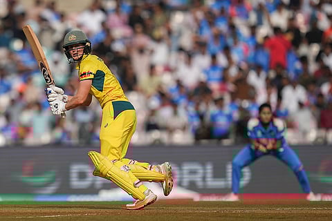 Australia's Ellyse Perry plays a shot during an ICC Women's World Cup semifinal ODI cricket match between India Women and Australia Women, at the DY Patil Stadium, in Navi Mumbai.