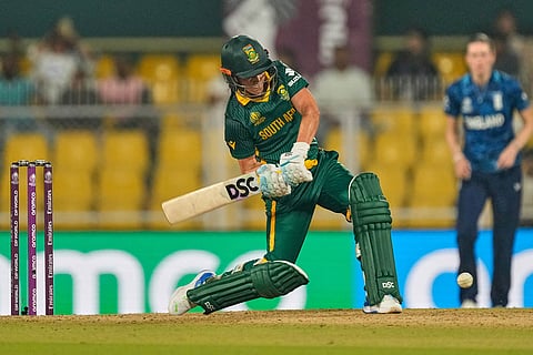 South Africa's Marizanne Kapp plays a shot during the ICC Women's Cricket World Cup first semifinal match between England and South Africa at Barsapara Cricket Stadium in Guwahati.