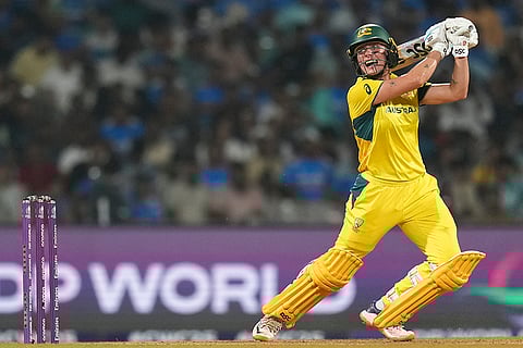 Australia’s Ashleigh Gardner plays a shot during an ICC Women's World Cup semifinal ODI cricket match between India Women and Australia Women, at the DY Patil Stadium, in Navi Mumbai.