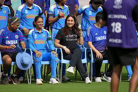 Bollywood actor Kareena Kapoor Khan with India's captain Harmanpreet Kaur and other team members during a group photo before the start of the ICC Women's World Cup semifinal ODI cricket match between India Women and Australia Women, at the DY Patil Stadium, in Navi Mumbai.