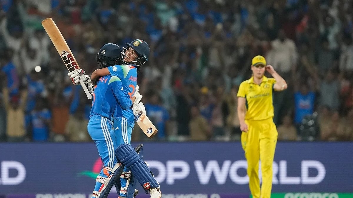 AP : Jemimah Rodrigues, left, and India's Amanjot Kaur celebrates after winning the ICC Women's Cricket World Cup cricket semi final against Australia in Navi Mumbai, India, Thursday, Oct. 30, 2025