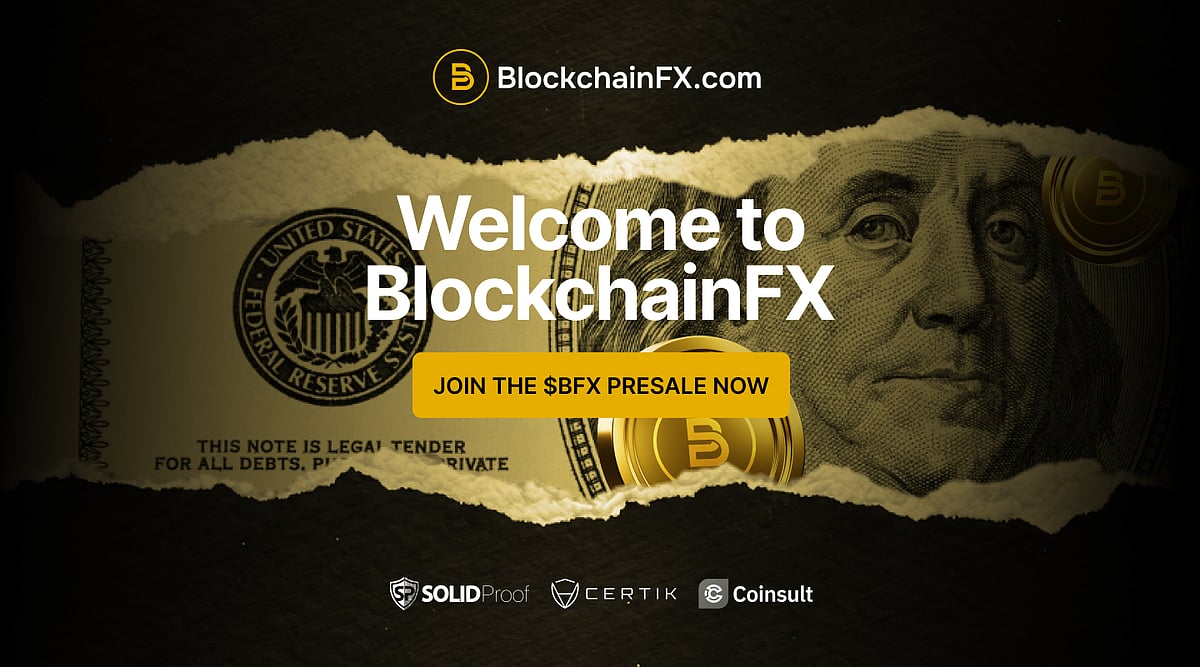 Welcome to BlockchainFX banner showing dollar bill background and join the $BFX presale button