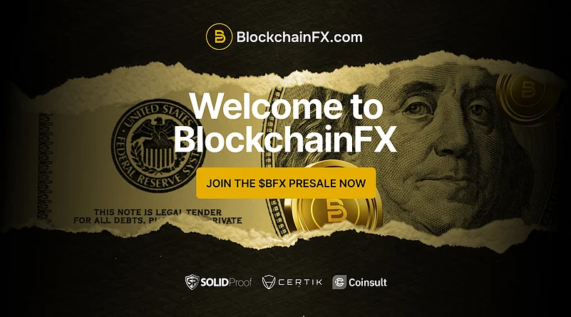 Welcome to BlockchainFX banner showing dollar bill background and join the $BFX presale button