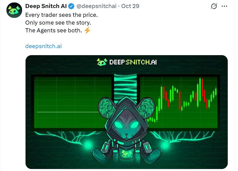 DeepSnitch AI post showing hooded figures and a crypto trading chart