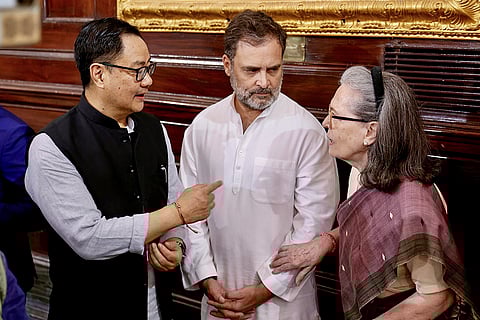 LoP in the Lok Sabha and Congress leader Rahul Gandhi with Union Minister Kiren Rijiju and party leader Sonia Gandhi during a ceremony to pay tribute to the country's first home minister Sardar Vallabhbhai Patel on his 150th birth anniversary, at Samvidhan Sadan, in New Delhi. 