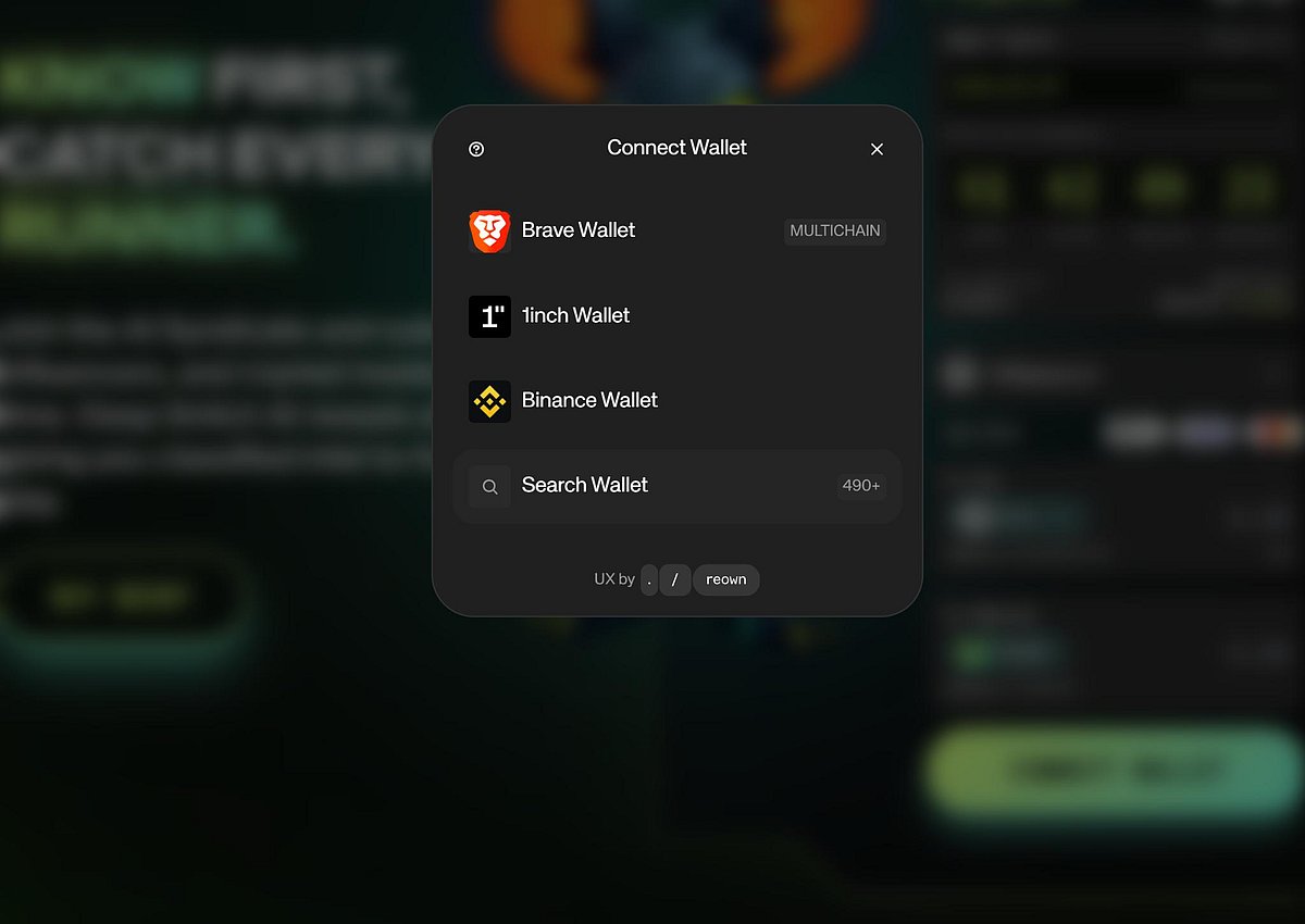 Crypto wallet connect popup with Brave and Binance options