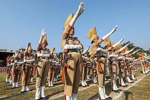 Border Security Force (BSF) personnel take part in a ceremonial parade on the occasion of National Unity Day, marking the birth anniversary of Sardar Vallabhbhai Patel, in Jammu.