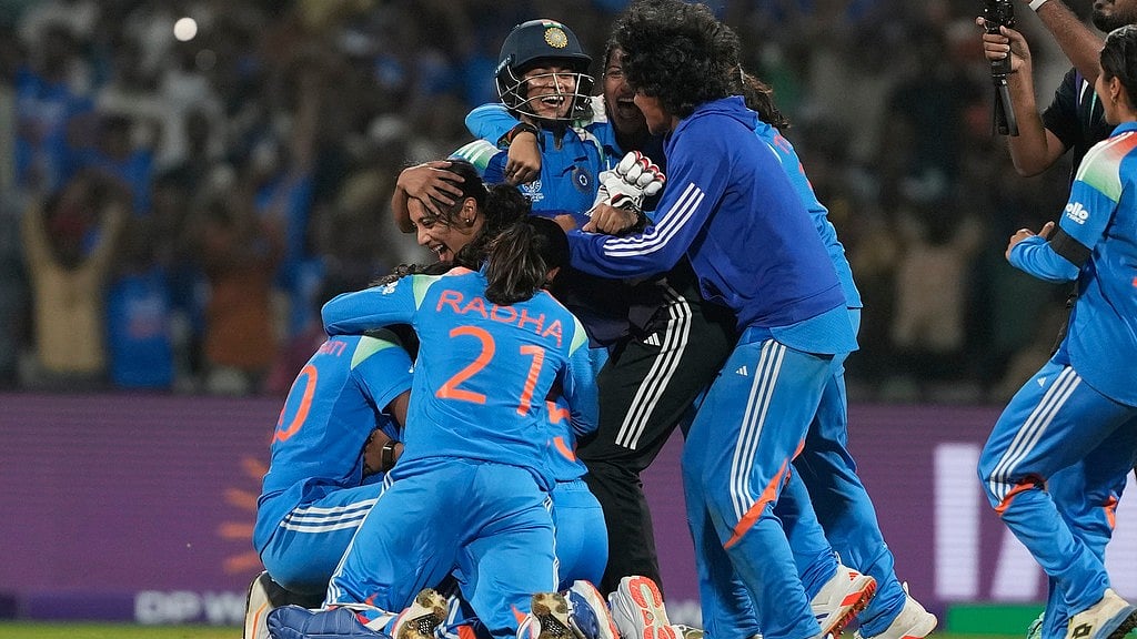 AP : India's players celebrate after winning the ICC Women's Cricket World Cup semi-final against Australia in Navi Mumbai.