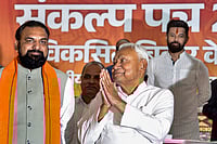 NDA Wins Bihar Election, BJP Leads As Nitish Kumar Secures Ninth Term | Photo: PTI : Bihar Chief Minister Nitish Kumar with Deputy CM Samrat Choudhary and JDU National Working President Sanjay Jha during release of the National Democratic Alliance's (NDA) manifesto for the upcoming state Assembly elections, in Patna.