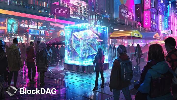 Futuristic neon city at night with glowing cube and BlockDAG logo