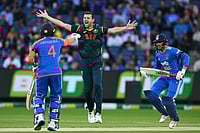 IND Vs AUS, 2nd T20I: See Best Photos From Melbourne Cricket Ground | Photo: James Ross/AAP Image via AP : Australia's Josh Hazlewood, center, appeals unsuccessfully for the wicket of India's Shubman Gill, right, during their T20 cricket match in Melbourne, Australia.