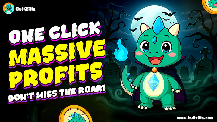 BullZilla meme coin ad: ONE CLICK MASSIVE PROFITS with a cute green dragon character.