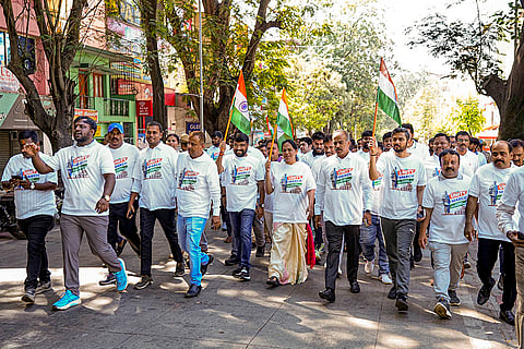 Union Minister Shobha Karandlaje, MP P.C. Mohan, former Deputy Chief Minister Dr. C.N. Ashwathnarayan, and other BJP leaders take part in the in a 'Unity Walk' organised on the occasion of Sardar Vallabhbhai Patel's 150th birth anniversary, in Bengaluru.