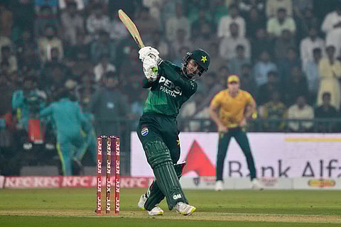 Pakistan's Saim Ayub plays a shot during the second T20 cricket match between Pakistan and South Africa, in Lahore, Pakistan.
