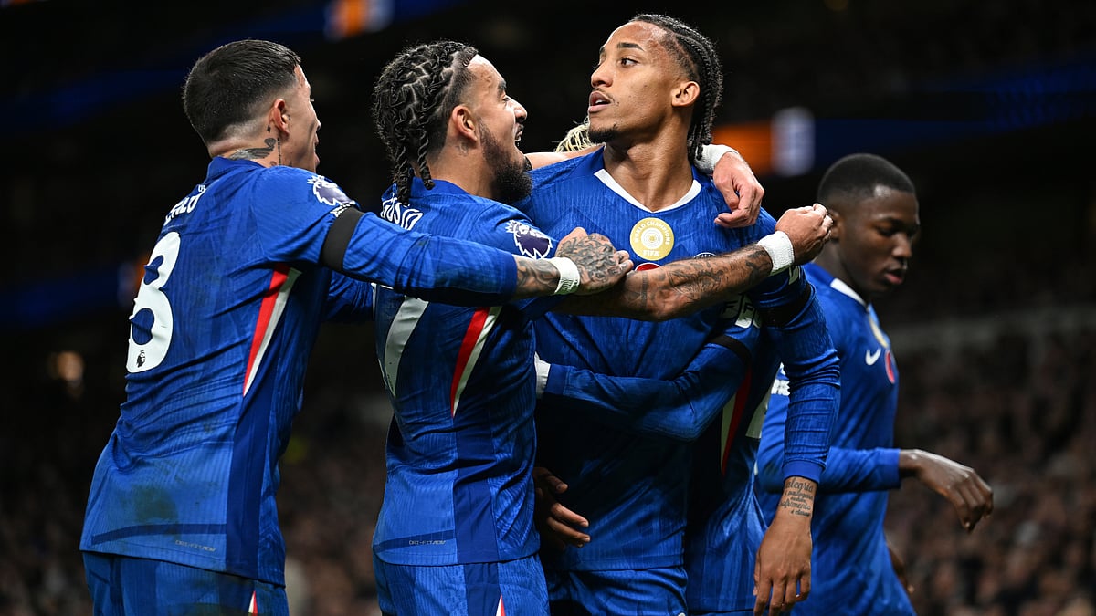 Joao Pedro celebrates after scoring for Chelsea against Tottenham Hotspur in English Premier League 2025-26. - null