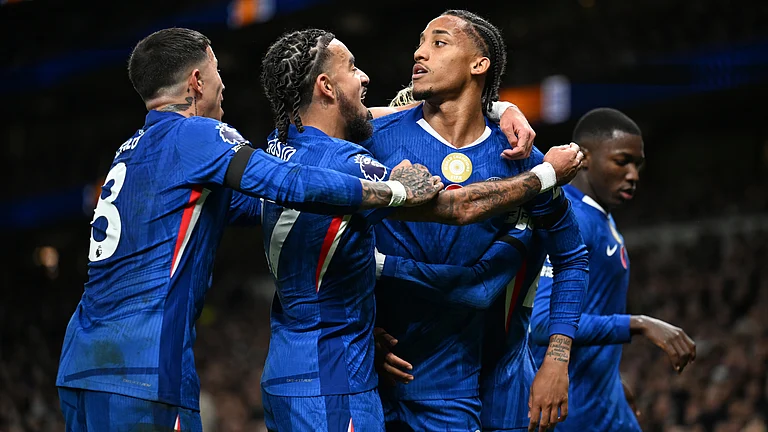 Joao Pedro celebrates after scoring for Chelsea against Tottenham Hotspur in English Premier League 2025-26. - null