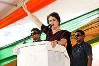 | Photo: PTI : Congress MP Priyanka Gandhi Vadra addresses a public meeting ahead of Bihar Assembly elections, in Begusarai district.