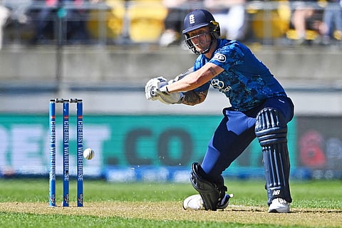 Brydon Carse of England bats during the One Day International cricket match between New Zealand and England in Wellington, New Zealand.