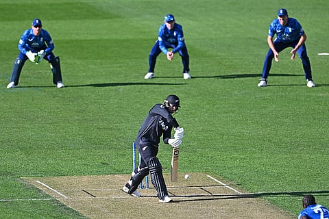 Devon Conway of New Zealand bats during the One Day International cricket match between New Zealand and England in Wellington, New Zealand.