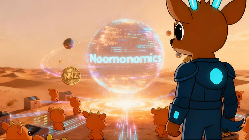 Character looking at planets labeled Noomonomics and ZNN logo