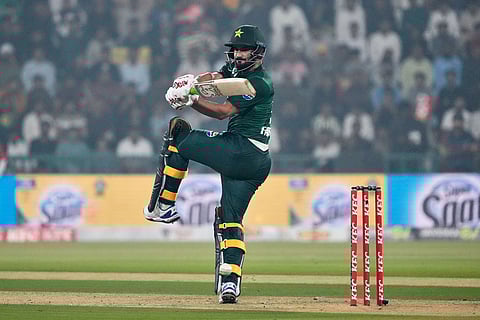 Pakistan's Sahibzada Farhan plays a shot during the second T20 cricket match between Pakistan and South Africa, in Lahore, Pakistan.