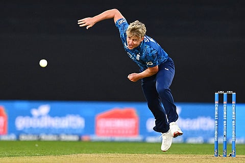 Sam Curran of England bowls during the One Day International cricket match between New Zealand and England in Wellington, New Zealand.