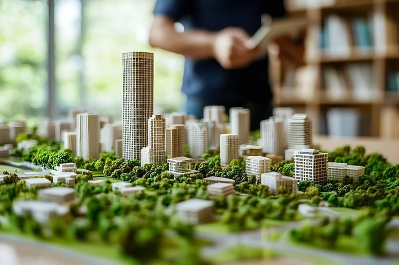 A model of a modern city with tall buildings and greenery